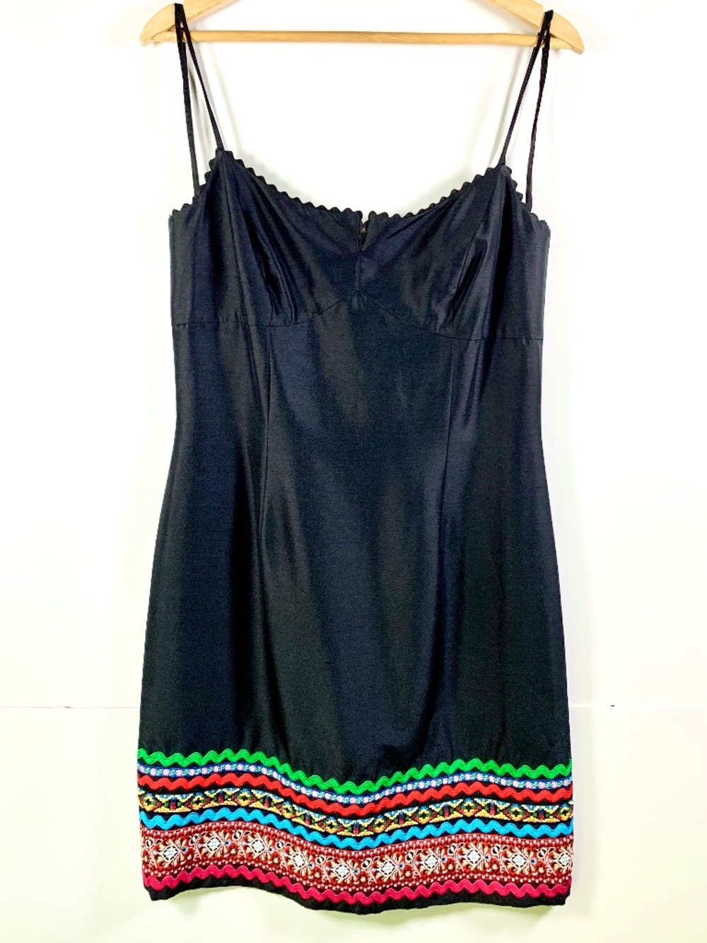 Jade Black Mini Dress spaghetti straps multicolor Red Green embroidered hem